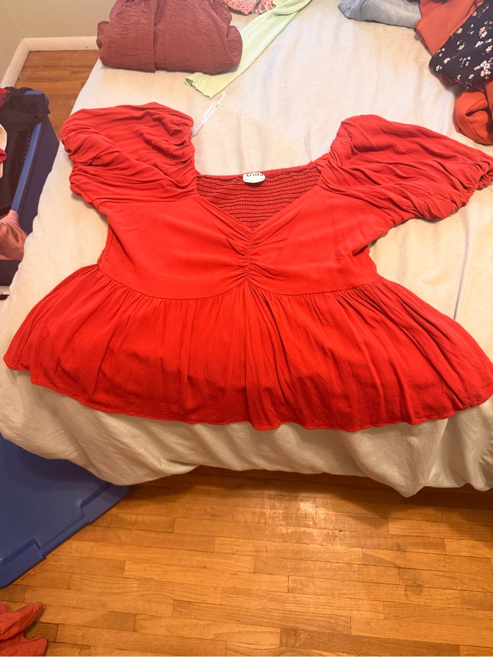 ARULA Red Puff-Sleeve Peplum Blouse